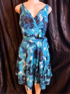Evan Picone Blue Abstract One-Shoulder Wrap Dress